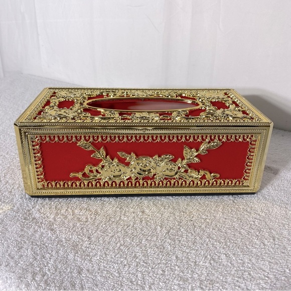 Vintage Elegant Ornate Red Velvet Gold Tone Plastic Tissue Box Cover - Picture 1 of 11